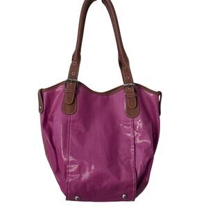 Boden Berry Pink Coated Canvas Bucket Bag Womens Purse Hobo Tote Leather Trim